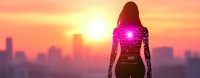 Silhouette of woman with glowing cybernetic implants against urban sunset skyline, futuristic city backdrop with orange sky and bright sun creating atmospheric scene.