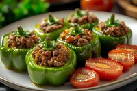 Green bell peppers stuffed with seasoned ground meat and herbs, served on white plate with fresh cherry tomato halves, close up view of homemade meal.
