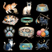 Cute cat clipart set with kittens, accessories and toys, isolated on transparent background. Great for stickers, t-shirt design, print on demand and sublimation crafts.