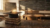 Vintage classroom with graduation cap on stack of old books, glowing light bulb symbolizing bright ideas and academic achievement in traditional school setting.