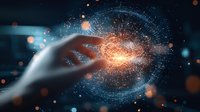 Mystical hand reaching towards glowing energy sphere with particle effects and digital network circles against dark background, creating magical atmosphere.