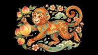 Decorative monkey illustration with ornamental patterns, holding peaches and surrounded by floral elements, isolated on transparent background. Ready for t-shirt design, clipart, stickers, sublimation, and print-on-demand products.