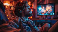 Young bearded man relaxing on couch in dark room illuminated by blue TV screen and orange ambient lights, creating moody cinematic atmosphere for entertainment concepts.
