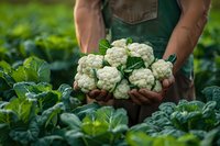 Farmer in green overalls holding freshly harvested cauliflower heads with green leaves in cupped hands against background of organic vegetable garden field.
