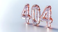 Glass-like transparent numbers 404 with rose gold metallic reflection on light background, error page concept for web design and digital media.