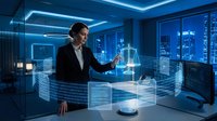 Professional businesswoman interacting with holographic data visualization in modern office with city skyline at night for technology presentations.
