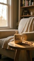 Steaming mug with Hello inscription on wooden table beside reading glasses, cozy armchair and bookshelf in warm morning sunlight.