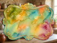 Watercolor abstract background with soft blended colors in yellow, green, blue and pink tones, ornate gold decorative frame border, artistic texture for design projects.