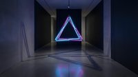 Futuristic neon triangle glowing in dark modern corridor with concrete walls and reflective floor creating atmospheric sci-fi interior space.