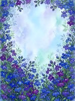 Watercolor floral frame with blue and purple flowers, green leaves, soft pastel center, perfect for greeting cards, invitations, and nature designs.