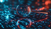 Magnifying glass on digital data background with glowing blue and red lights creating futuristic cybersecurity concept for technology and data analysis.