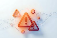 Warning signs with exclamation marks glowing in orange on a light background with connected network nodes, symbolizing alert, danger, and cyber risk.