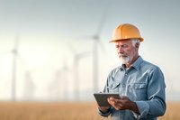 Senior engineer in hardhat using digital tablet at wind turbine farm during sunset, renewable energy industry professional monitoring operations.