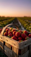 Fresh ripe strawberries in wooden basket at strawberry farm during golden hour sunset for organic farming and healthy eating concepts.