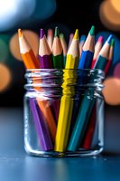 Colorful wooden pencils standing in clear glass jar against dark background with bokeh lights. Creative art supplies macro photography for education concepts.