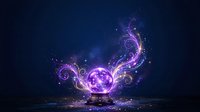 Glowing purple and pink energy sphere with swirling magical light trails and sparkling particles on dark blue background for fantasy, gaming, and digital art projects.