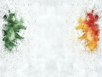 Abstract watercolor splash composition featuring vibrant green and orange-red pigments with scattered ink droplets on white textured background, creating dynamic contrast.