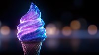 Glowing cosmic ice cream cone with swirled purple and blue soft serve against dark bokeh background, perfect for dessert advertising.