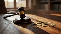 Wooden gavel with brass band on sound block surrounded by scattered coins on legal documents in courtroom setting with warm natural lighting.