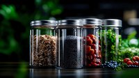 Glass storage jars with healthy ingredients including seeds, black sesame, dried berries and fresh herbs on dark background with natural lighting and bokeh effect.