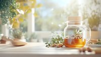 Glass teapot with fresh herbal tea on wooden table near window, morning sunlight creating warm atmosphere with herbs and honey glow effect.