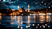 Magical evening cityscape reflected in rippling water with glowing bokeh lights and illuminated mosque silhouette creating dreamy atmospheric scene at dusk.
