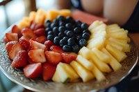 Fresh fruit platter with vibrant strawberries, juicy pineapple chunks and plump blueberries arranged on decorative glass plate, showcasing natural colors and textures for healthy eating.