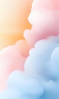 Dreamy pastel clouds in soft pink, peach and blue create ethereal sky background with gentle gradient transitions. Suitable for wellness and mindfulness designs.