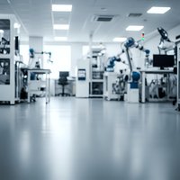 Blurred modern hospital operating room with surgical equipment and medical devices. Clean sterile environment for healthcare procedures and surgery.