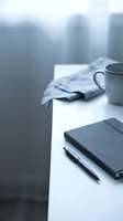 Minimalist workspace with notebook, pen and coffee cup on white desk against blurred urban background for productivity and business planning concepts.