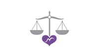 Scales of justice balanced on purple heart symbol with heartbeat line, representing medical law, healthcare rights and legal medicine on white background.