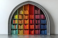 Colorful rainbow bookshelf arranged by spectrum colors in gothic arch alcove, creating vibrant organized library display for interior design inspiration.