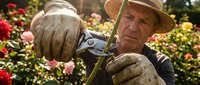 Senior Caucasian male gardener in straw hat pruning colorful roses with professional shears in sunny garden. Retirement hobby, outdoor activity concept.