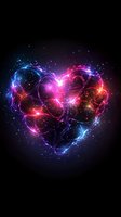 Glowing heart shape formed by vibrant neon light trails and sparkling particles against dark background, featuring pink, purple and blue colors for romantic designs.