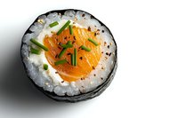 Fresh salmon sushi roll with cream cheese, chives and black sesame seeds on white background, close up view of traditional Japanese cuisine.