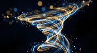 Golden blue spiral energy wave with glowing particles and bokeh lights on dark background for technology and science concepts.