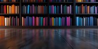 Library bookshelves with colorful book spines reflecting on polished wooden floor, dark atmospheric interior with dramatic lighting creates scholarly ambiance.