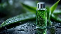 Green herbal essence in glass bottle with water droplets on fresh leaves background for natural skincare and wellness products.
