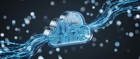 Digital cloud computing network with circuit board pattern and flowing data streams on dark background.