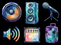 Watercolor music equipment set with speaker, microphone, amplifier, and sound icons, isolated on transparent background. Great for clipart, stickers, t-shirt design, and print on demand.
