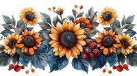 Vibrant sunflower arrangement with blue-green leaves and red berries, creating a decorative floral border for seasonal home decor.