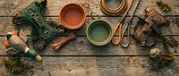 Outdoor camping gear and cooking equipment arranged on rustic wooden background with metal cups, utensils, rope and survival tools for adventure.