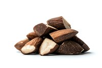 Pile of broken dark chocolate pieces with whole almonds on white background, showing rich texture and natural ingredients for confectionery and baking use.
