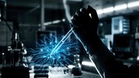 Professional welder creating bright blue sparks during metal fabrication work in industrial workshop setting with protective equipment and safety gear.