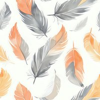 Seamless pattern with floating gray and peach feathers on white background. Gentle nature-inspired design for fabric, wallpaper, and home decor projects.