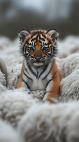 Adorable baby tiger cub with bright orange fur and black stripes resting on soft white blanket, looking directly at camera with expressive blue eyes and gentle expression.