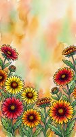Watercolor gaillardia flowers in red and yellow tones with ink outlines on a warm orange-green painted background, great for cards and prints.