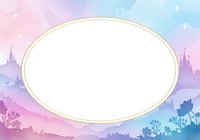 Pastel fantasy landscape frame with dreamy clouds and fairy tale castle silhouettes for magical designs and romantic projects.