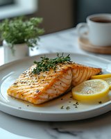 Grilled salmon fillet with herbs and lemon slice on white plate, healthy seafood dinner with tea and plant in background for restaurant menu design.