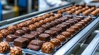 Assorted chocolate pralines and truffles on automated production line conveyor belt in confectionery factory. Dark and milk chocolate candies manufacturing process.